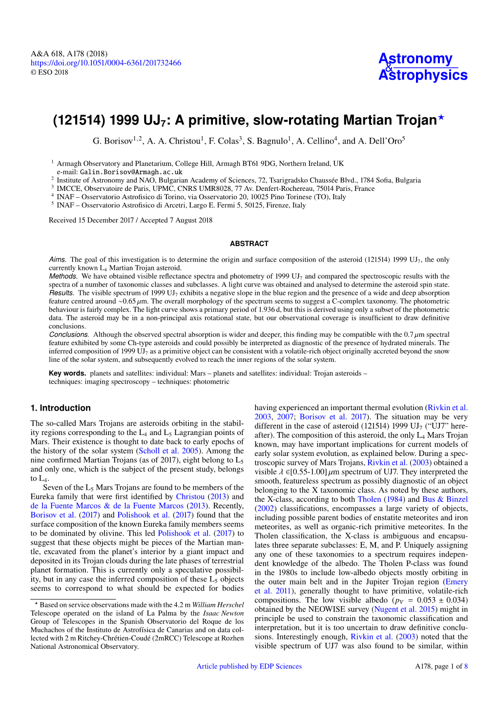 (121514) 1999 UJ7: a Primitive, Slow-Rotating Martian Trojan G