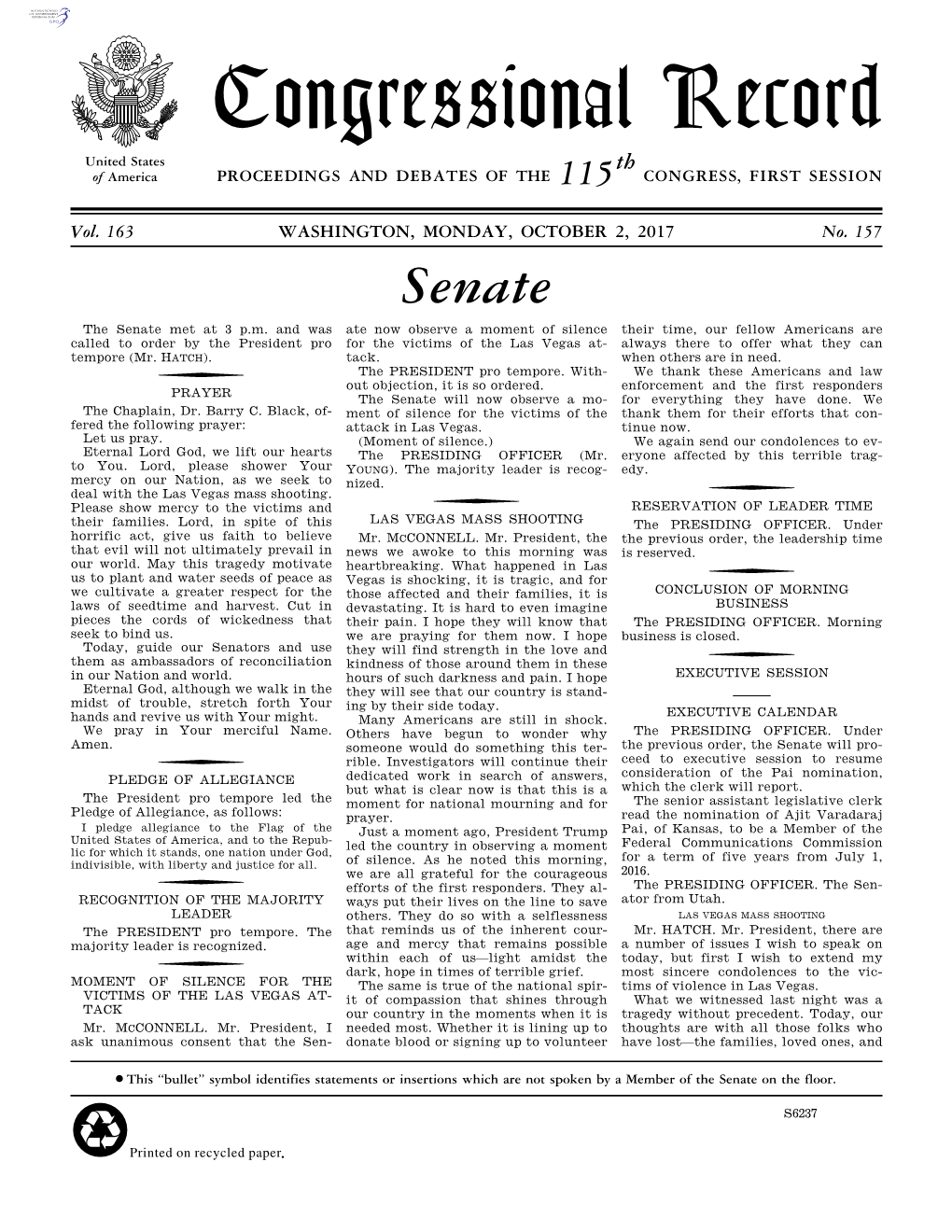 Congressional Record United States Th of America PROCEEDINGS and DEBATES of the 115 CONGRESS, FIRST SESSION