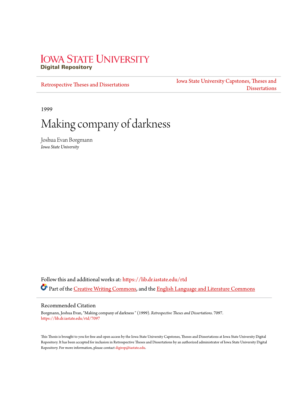 Making Company of Darkness Joshua Evan Borgmann Iowa State University