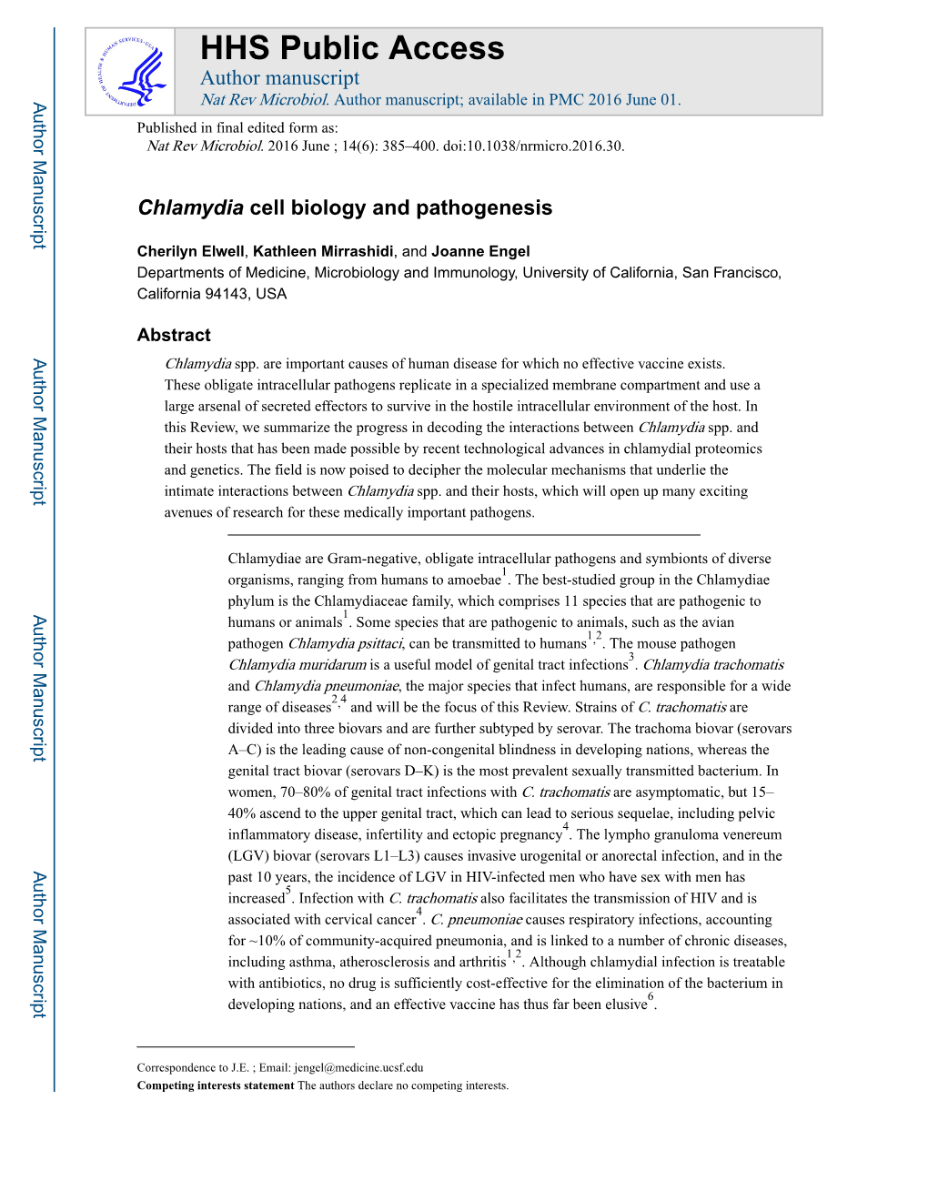 Chlamydia Cell Biology and Pathogenesis