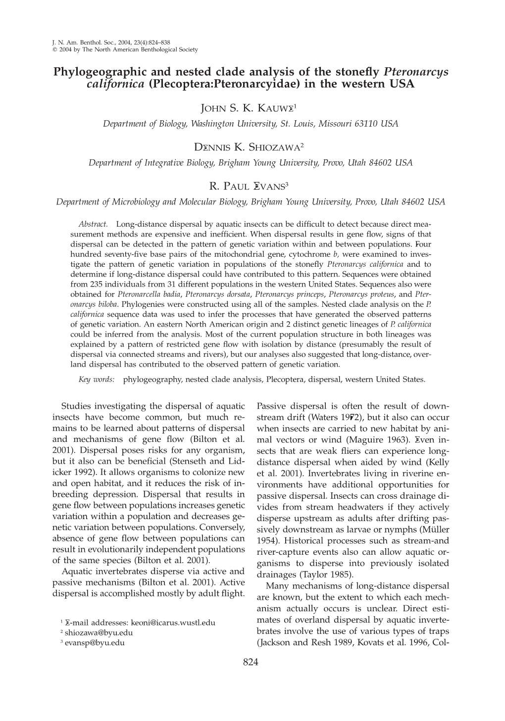 Phylogeographic and Nested Clade Analysis of the Stonefly Pteronarcys