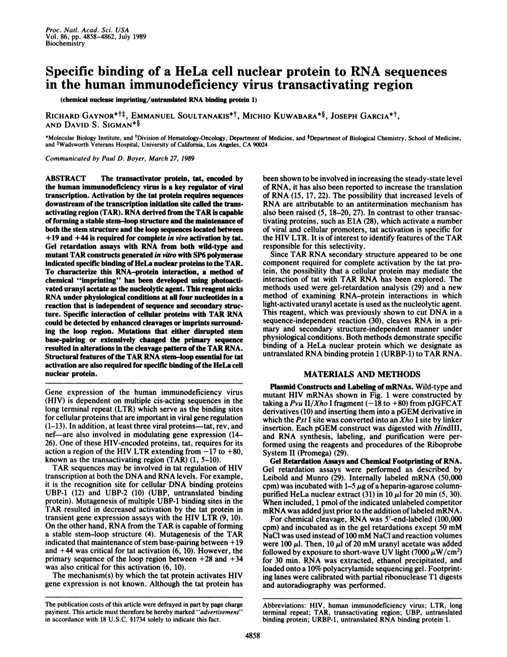 Specific Binding of a Hela Cell Nuclear Protein to RNA Sequences in The