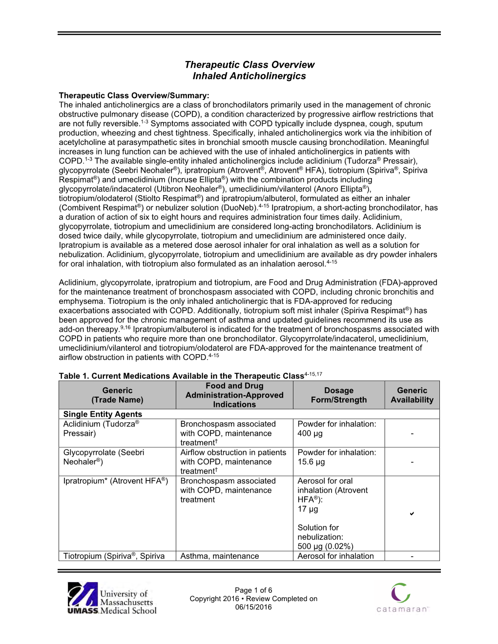 Therapeutic Class Overview Inhaled Anticholinergics