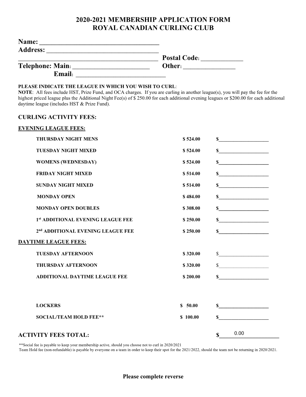 2020-2021 Membership Application Form Royal Canadian Curling Club