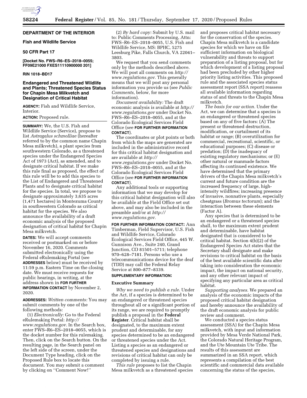 Federal Register/Vol. 85, No. 181/Thursday, September 17, 2020