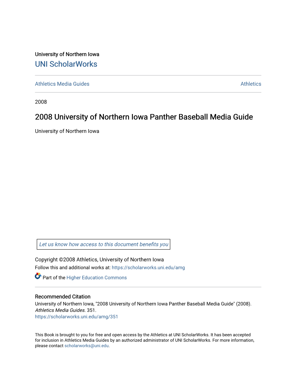 2008 University of Northern Iowa Panther Baseball Media Guide