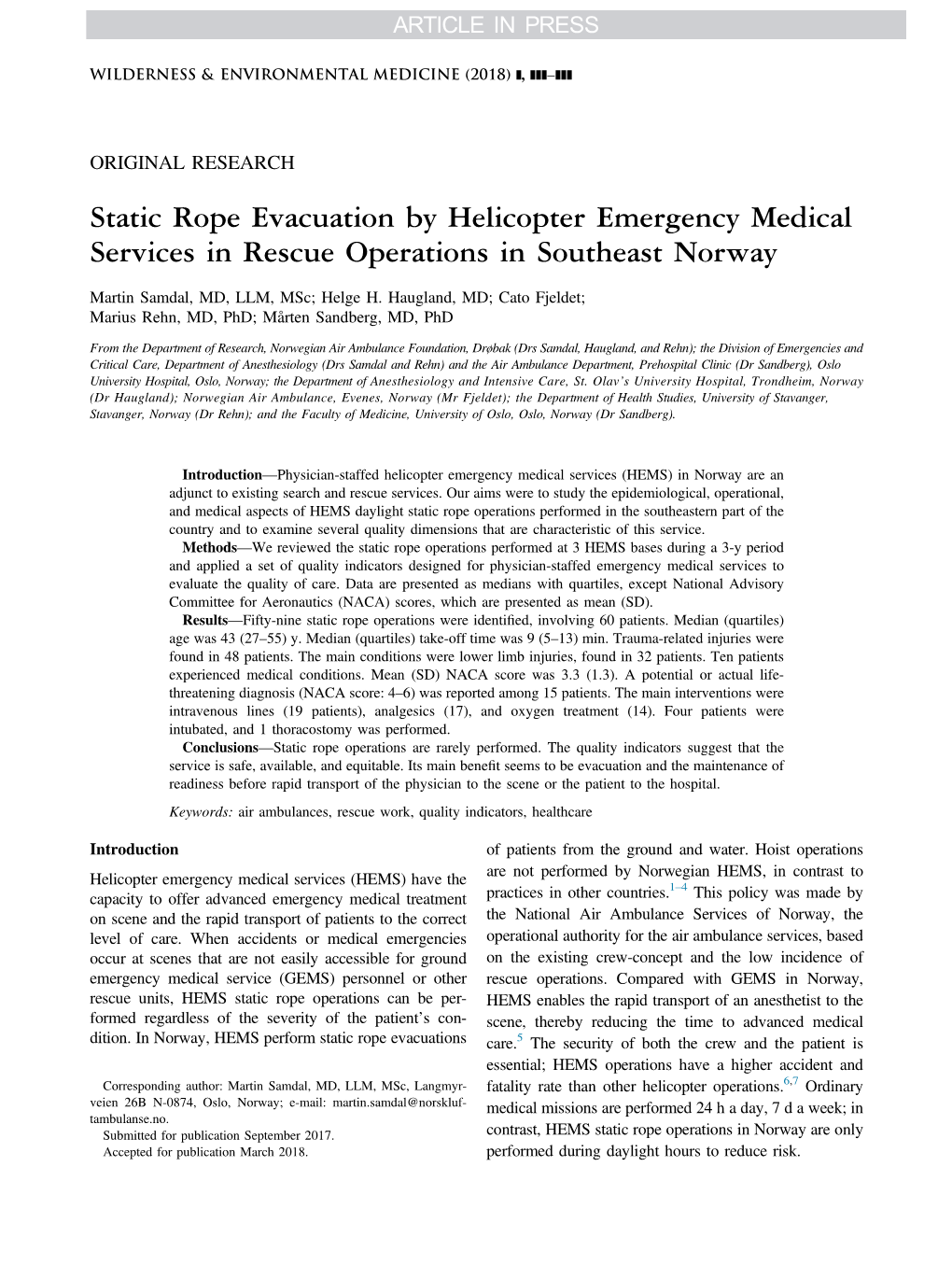 Static Rope Evacuation by Helicopter Emergency Medical Services in Rescue Operations in Southeast Norway