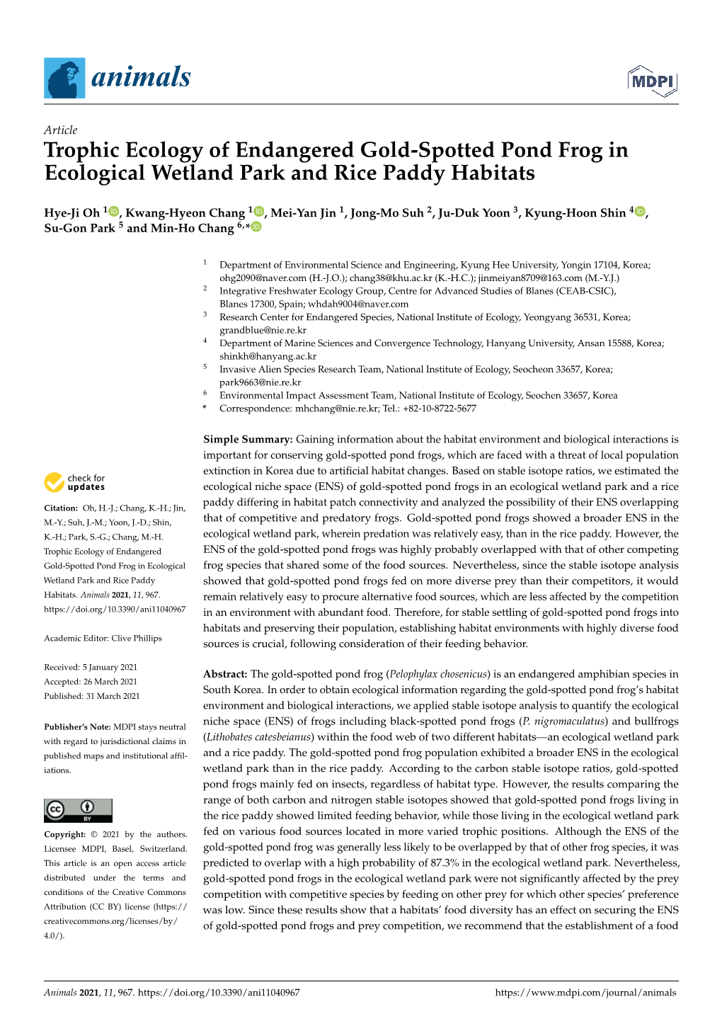 Trophic Ecology of Endangered Gold-Spotted Pond Frog in Ecological Wetland Park and Rice Paddy Habitats