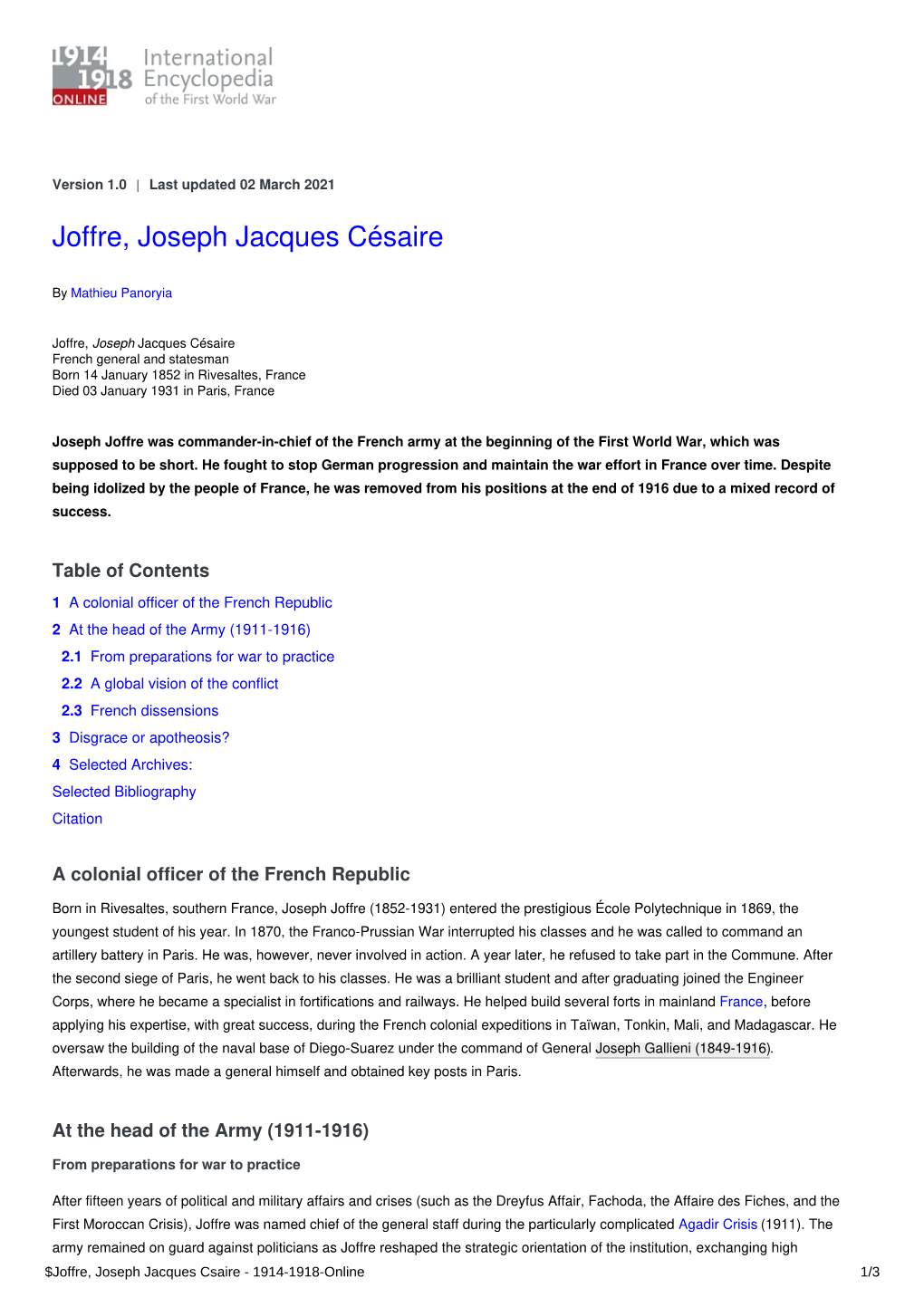 Joffre, Joseph Jacques Césaire | International Encyclopedia of The