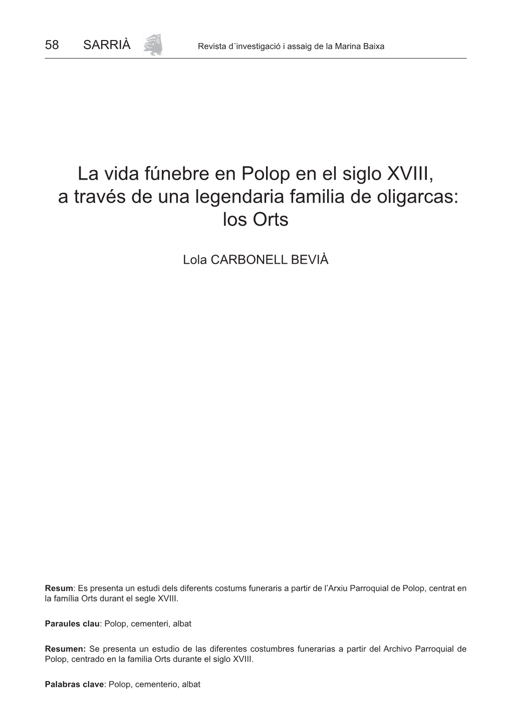 La Vida Fúnebre En Polop En El Siglo XVIII, a Través De Una Legendaria