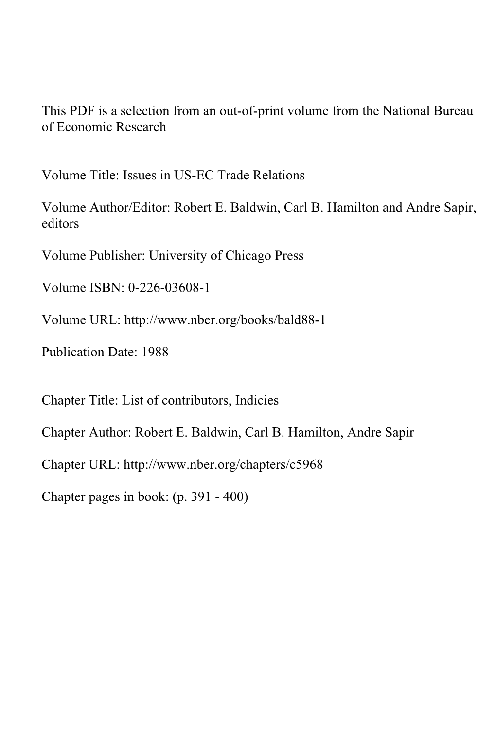 List of Contributors, Indicies