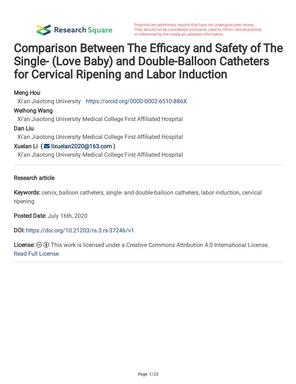 And Double-Balloon Catheters for Cervical Ripening and Labor Induction