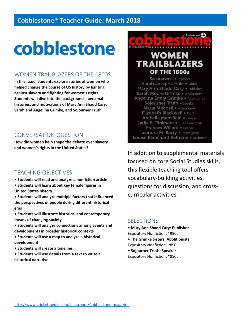 Cobblestone® Teacher Guide: March 2018