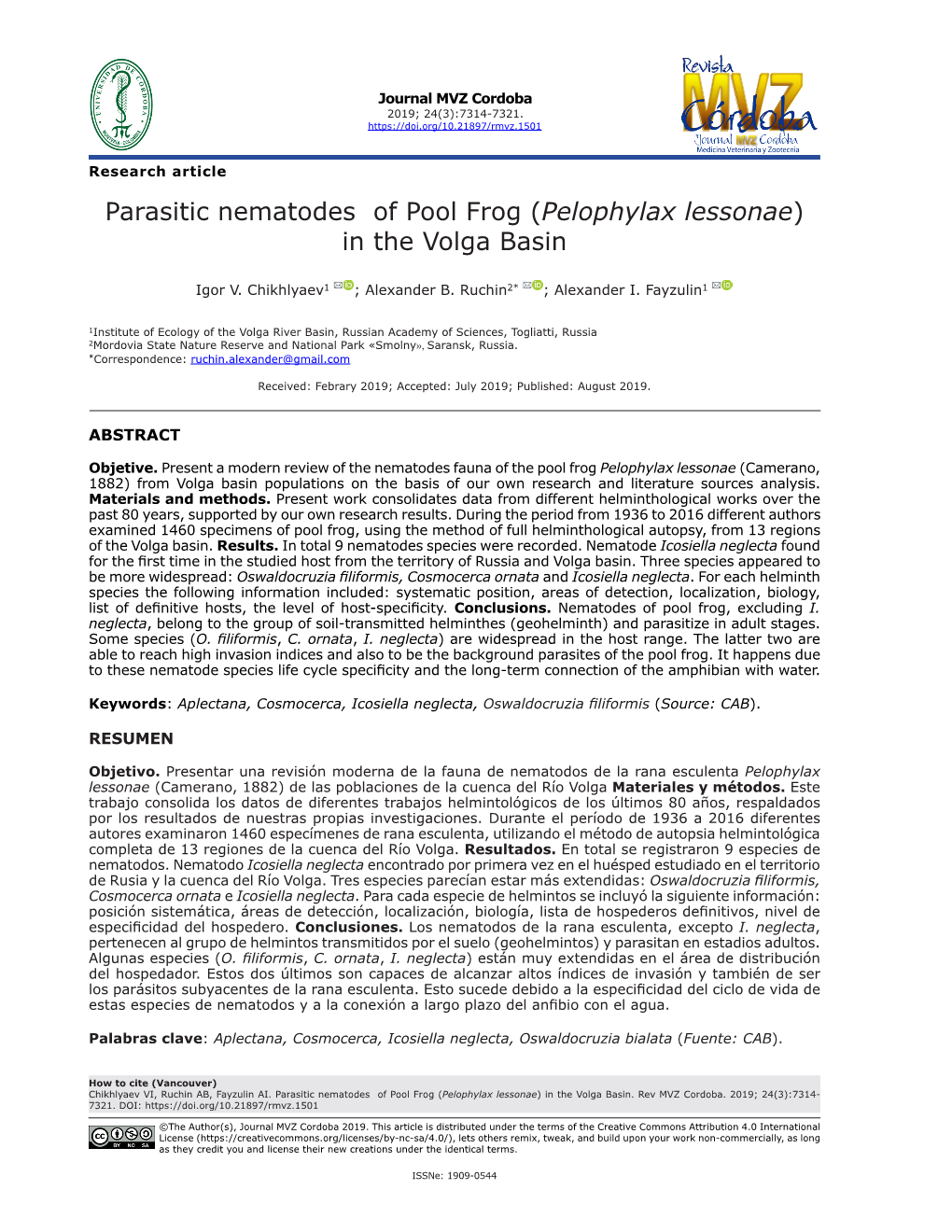 Parasitic Nematodes of Pool Frog (Pelophylax Lessonae) in the Volga Basin