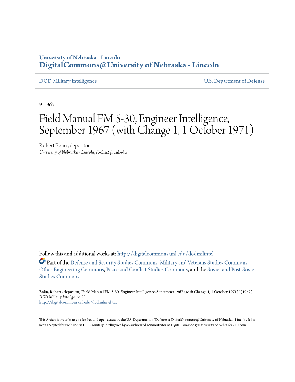 Field Manual FM 5-30, Engineer Intelligence, September 1967 (With Change 1, 1 October 1971) Robert Bolin , Depositor University of Nebraska - Lincoln, Rbolin2@Unl.Edu