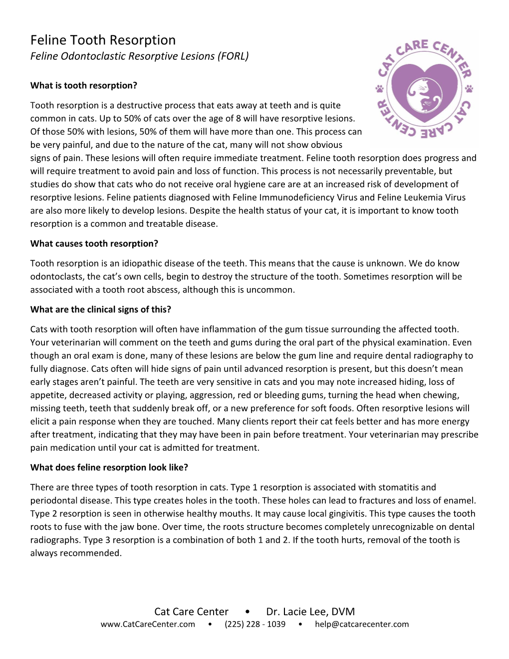 Feline Tooth Resorption Feline Odontoclastic Resorptive Lesions (FORL)