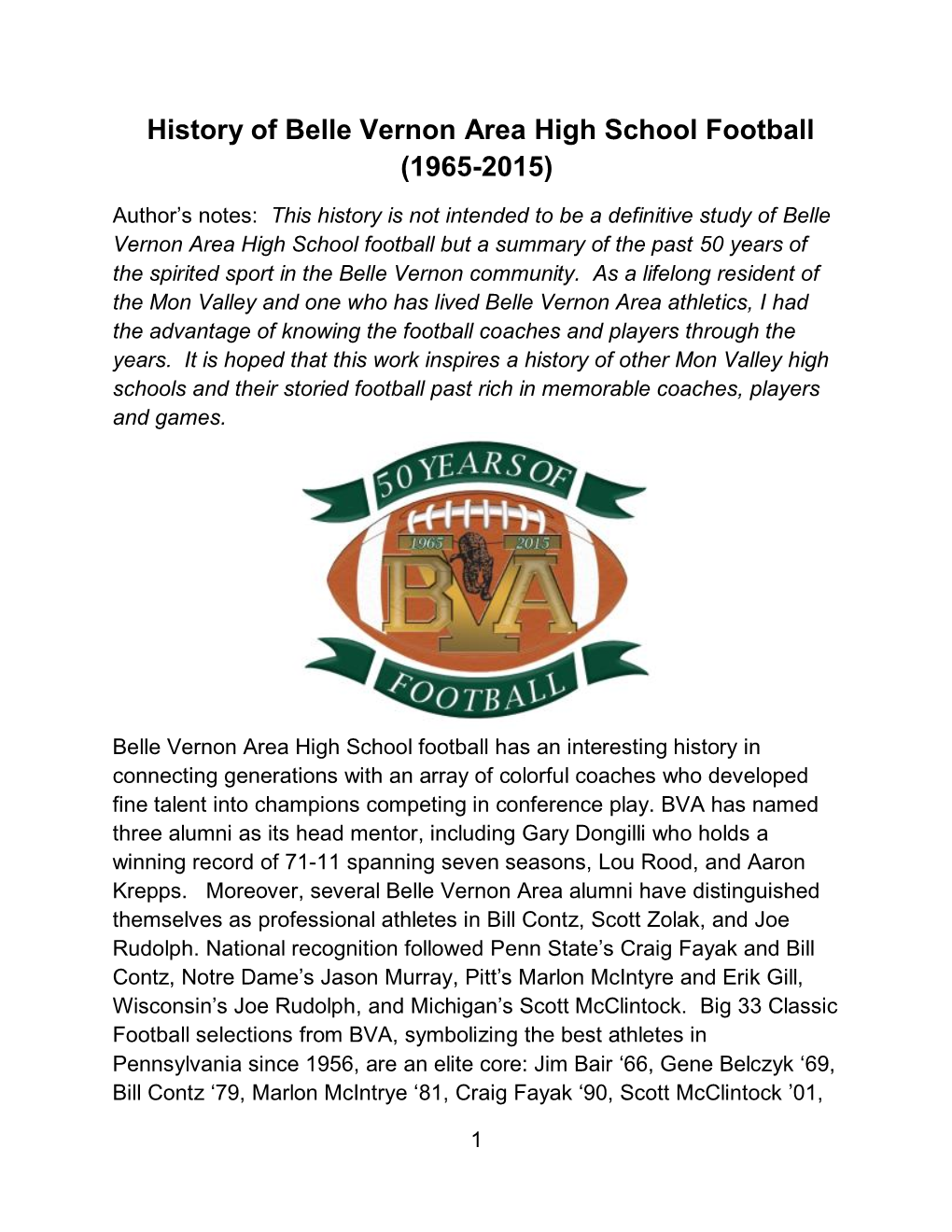 History of Belle Vernon Area High School Football (1965-2015)