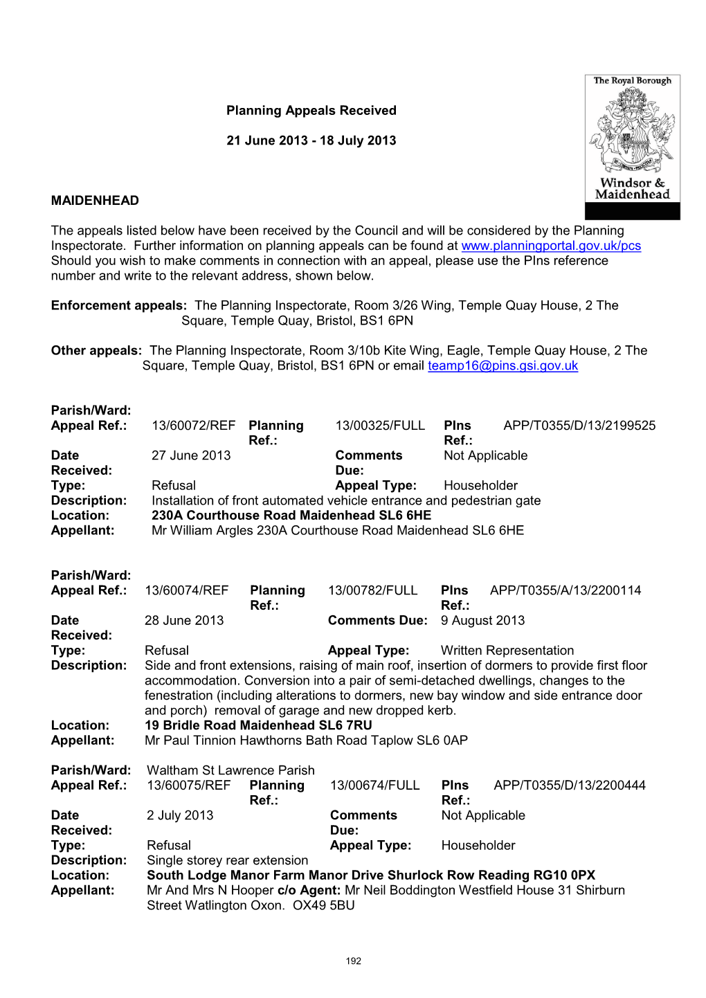 18 July 2013 MAIDENHEAD the Appeals Listed Below Have Been