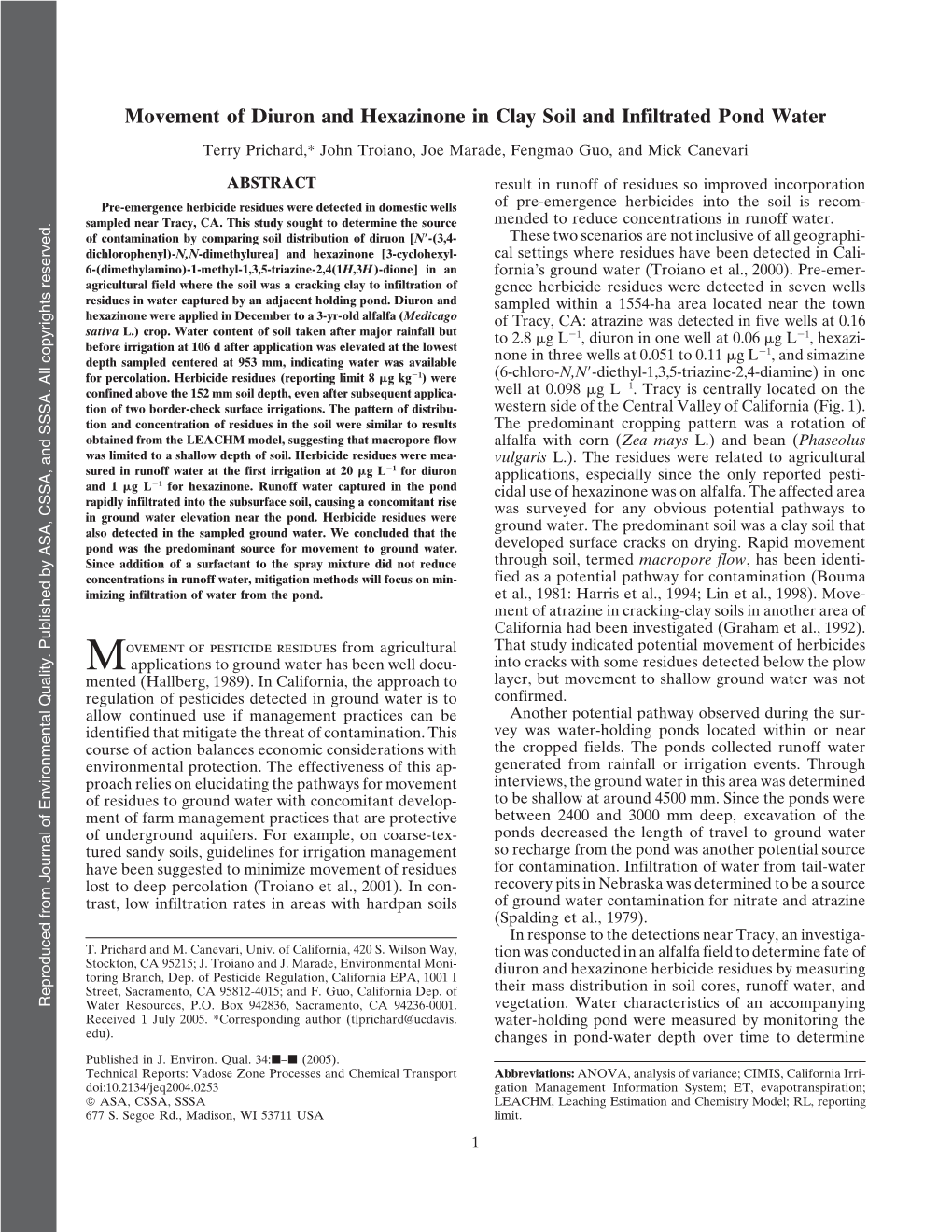 Movement of Diuron and Hexazinone in Clay Soil and Infiltrated Pond Water