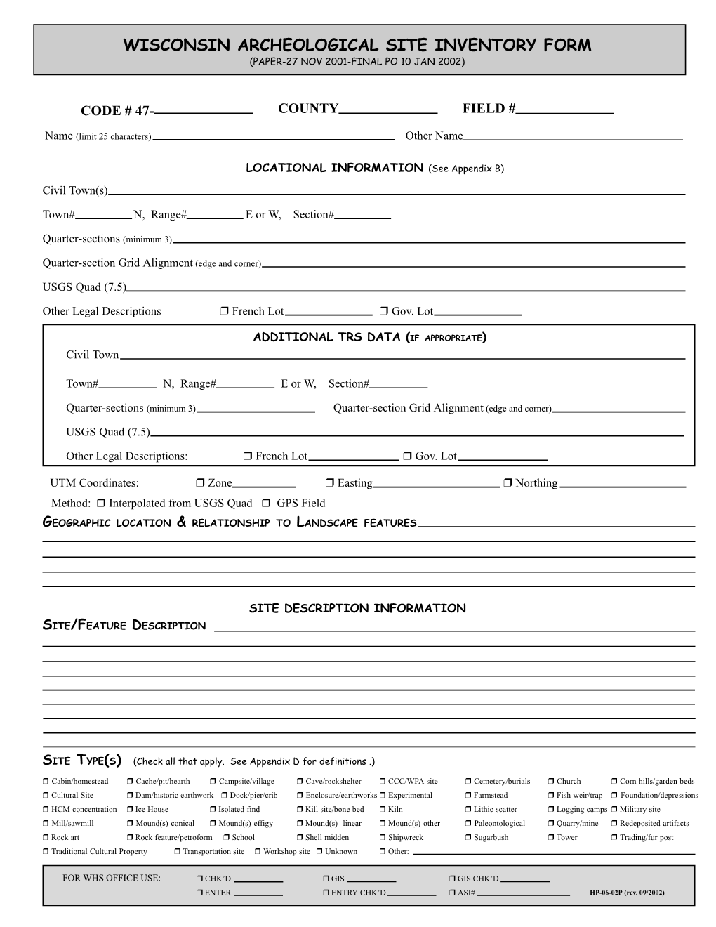 Archaeological Site Inventory (ASI) Form