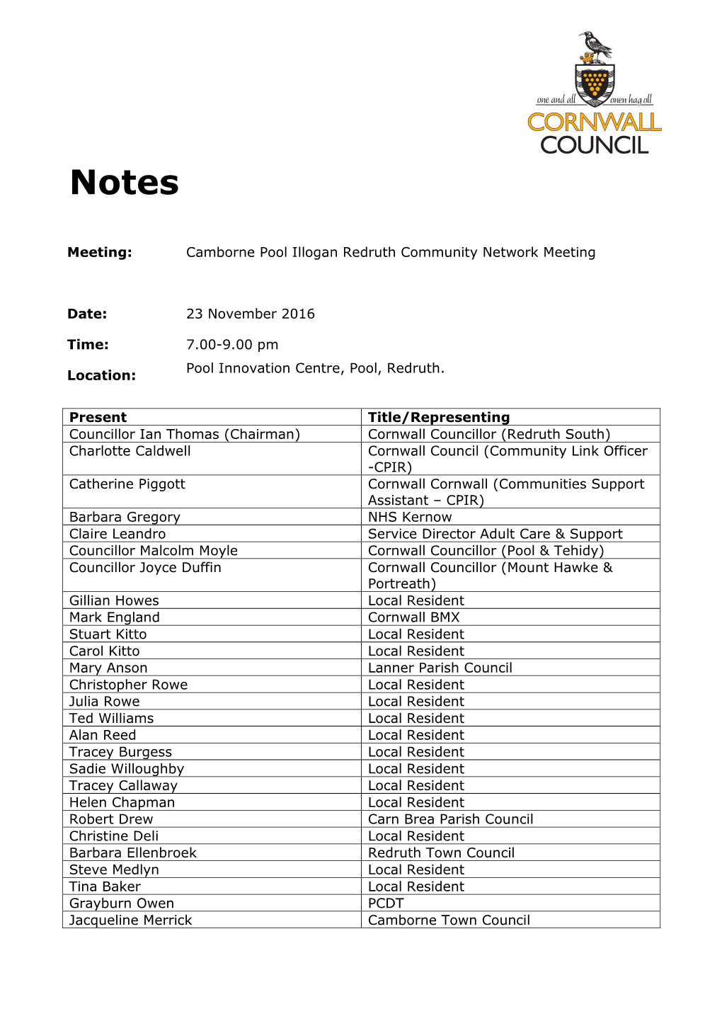 Camborne Pool Illogan Redruth Community Network Meeting Date