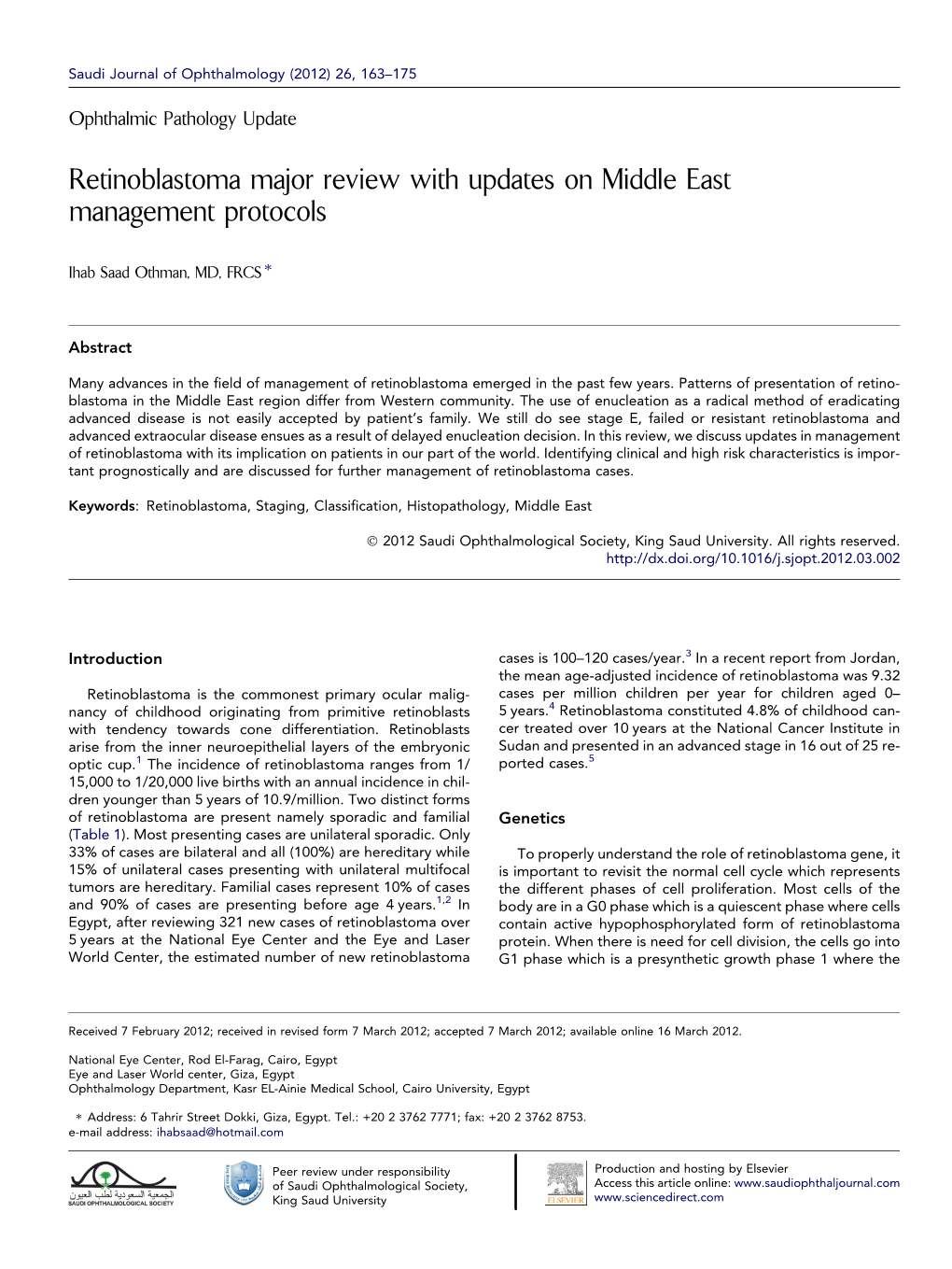 Retinoblastoma Major Review with Updates on Middle East Management Protocols