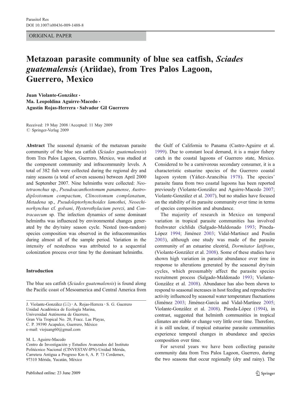 Metazoan Parasite Community of Blue Sea Catfish, Sciades Guatemalensis (Ariidae), from Tres Palos Lagoon, Guerrero, Mexico