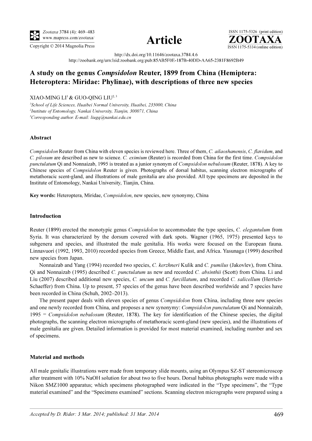 A Study on the Genus Compsidolon Reuter, 1899 from China (Hemiptera: Heteroptera: Miridae: Phylinae), with Descriptions of Three New Species