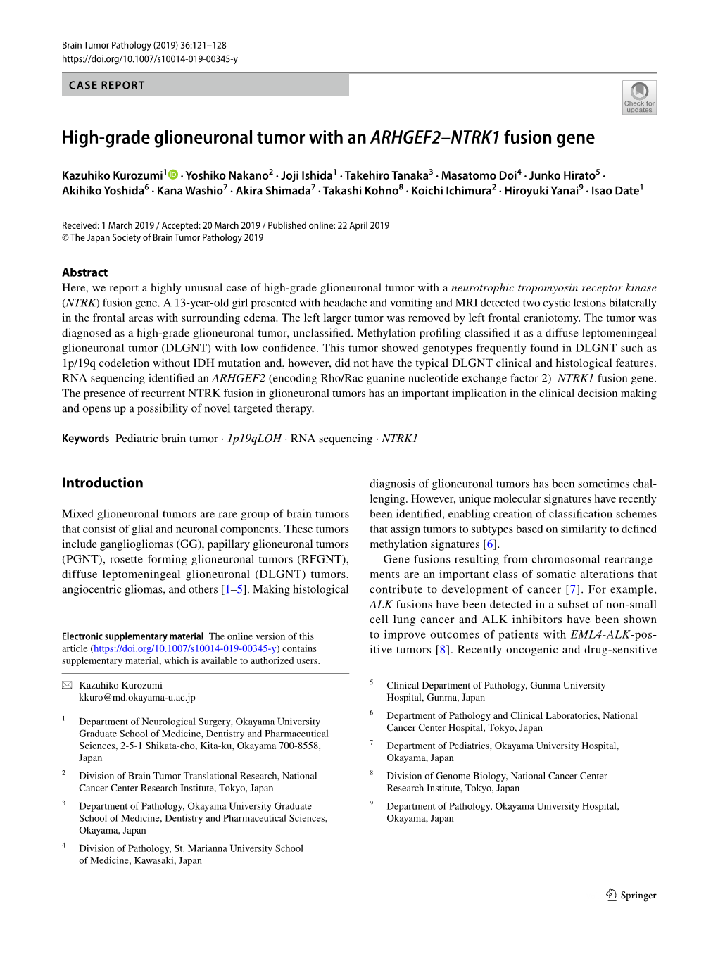 High-Grade Glioneuronal Tumor with an ARHGEF2–NTRK1 Fusion Gene