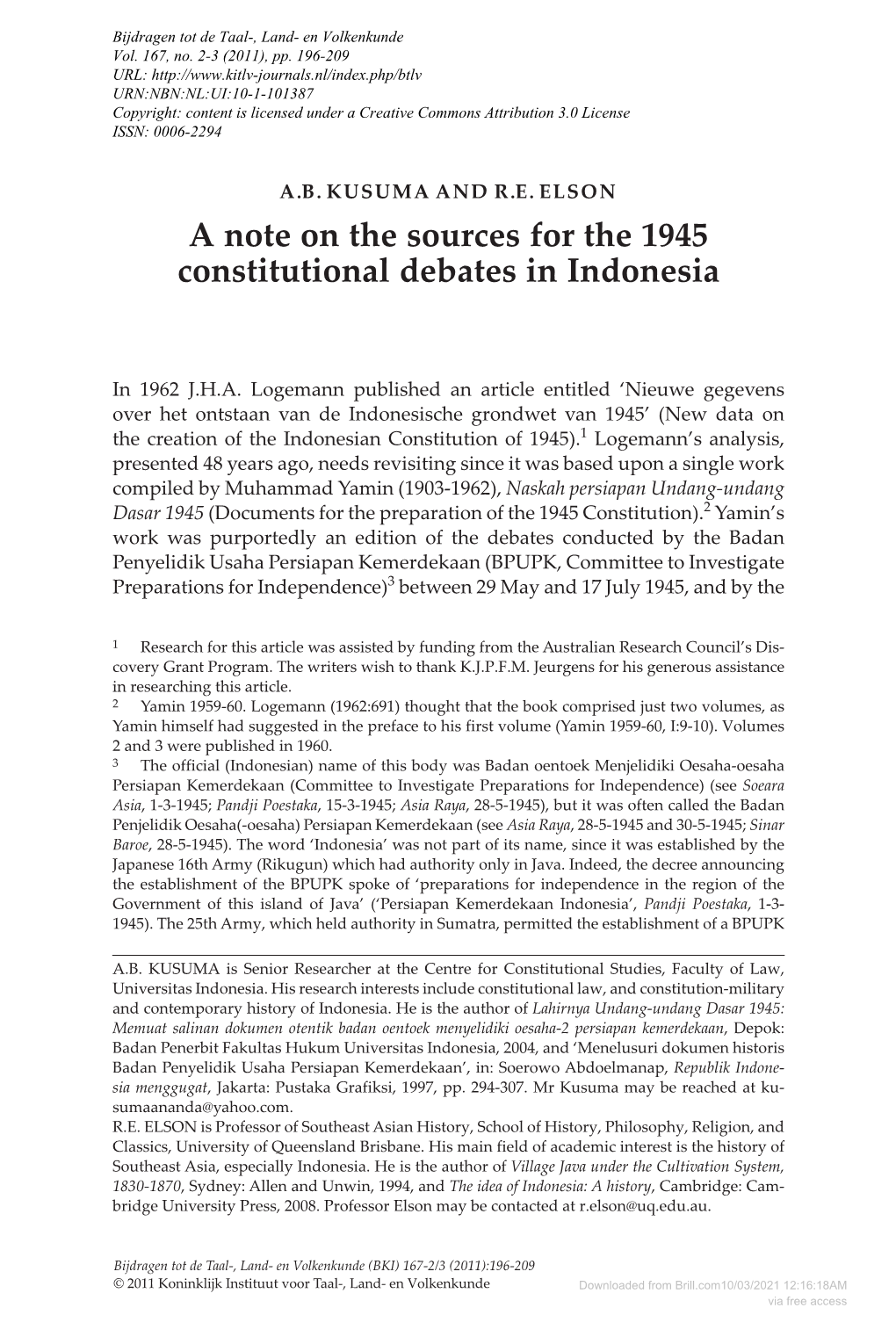 A Note on the Sources for the 1945 Constitutional Debates in Indonesia