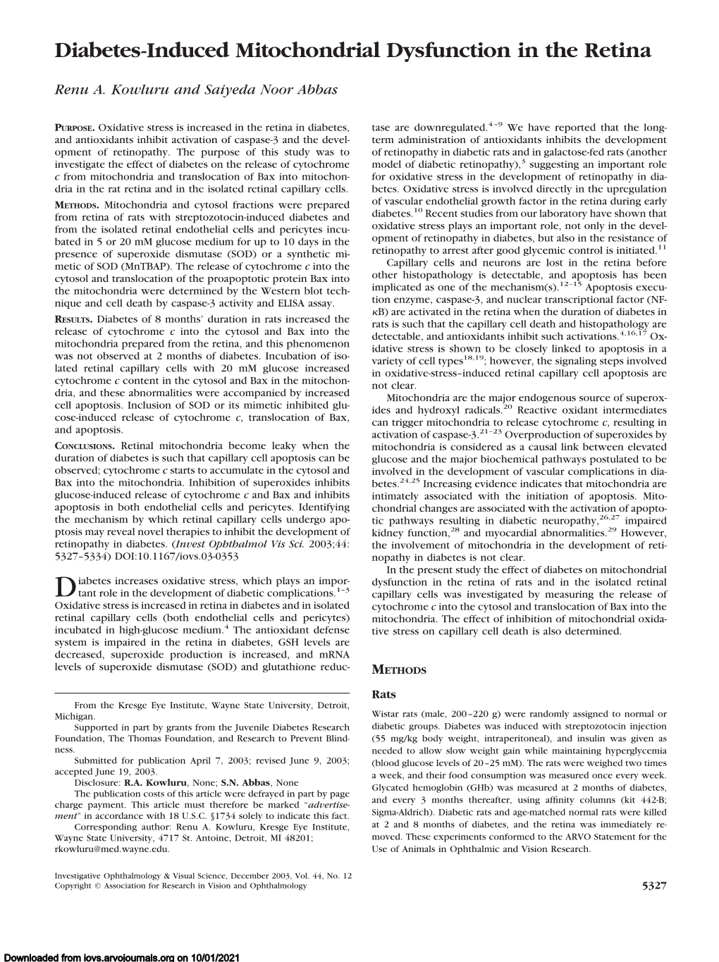 Diabetes-Induced Mitochondrial Dysfunction in the Retina