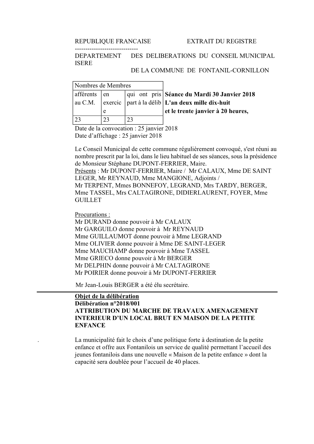 Conseil Municipal Du 30-01-2018