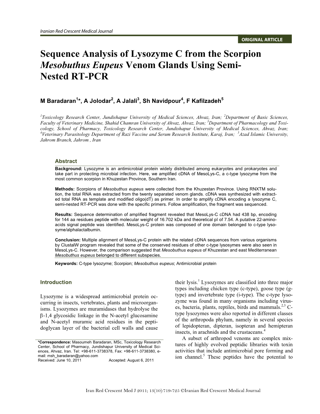 Sequence Analysis of Lysozyme C from the Scorpion Mesobuthus Eupeus Venom Glands Using Semi- Nested RT-PCR