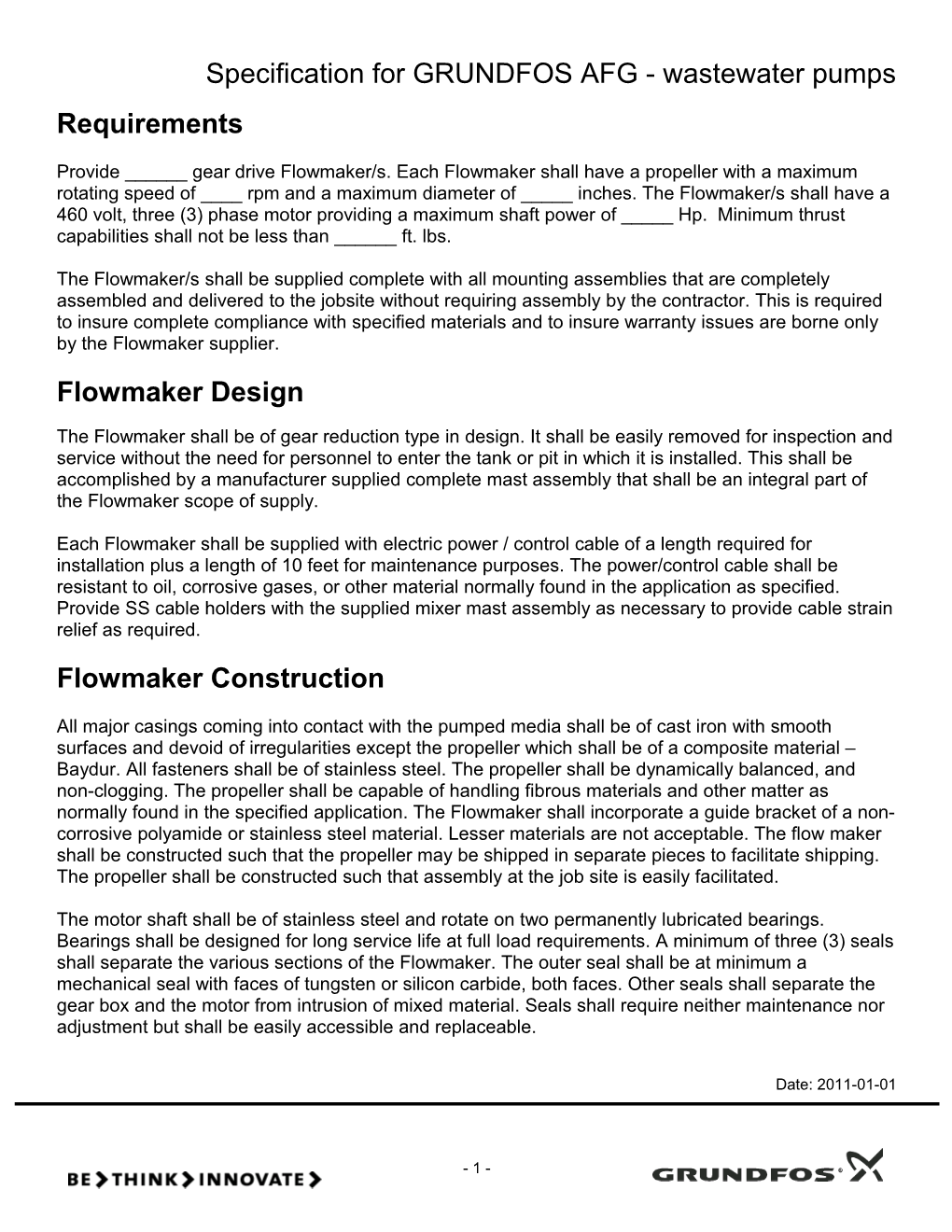 Specification for GRUNDFOS AFG - Wastewater Pumps