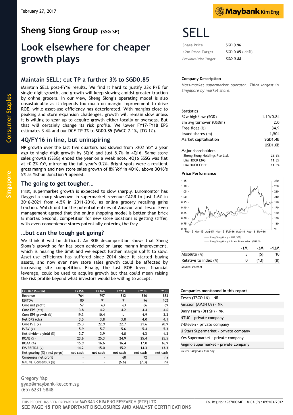 Sheng Siong Group (SSG SP) SELL Share Price SGD 0.96 Look Elsewhere for Cheaper 12M Price Target SGD 0.85 (-11%) Growth Plays Previous Price Target SGD 0.88