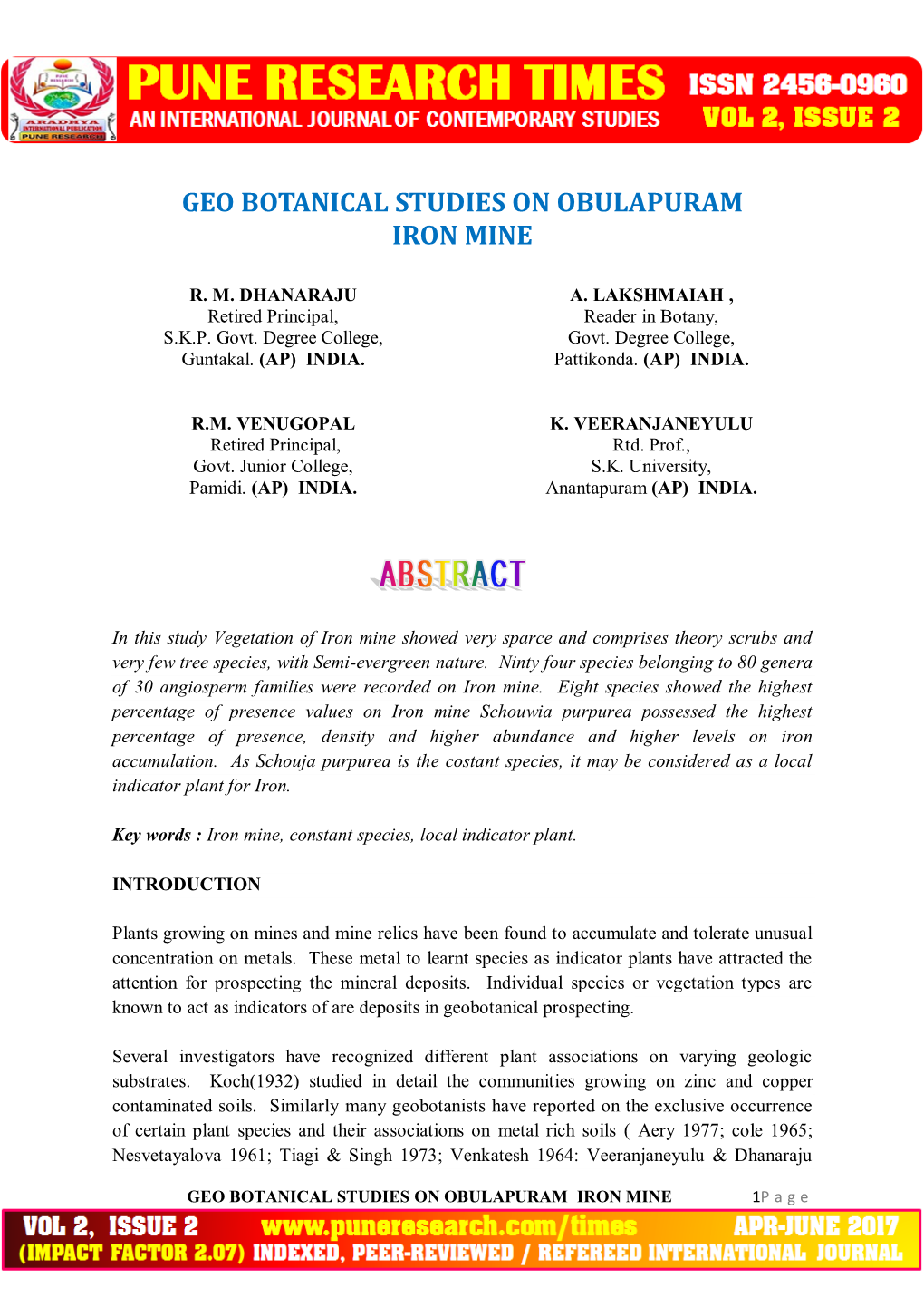 Geo Botanical Studies on Obulapuram Iron Mine