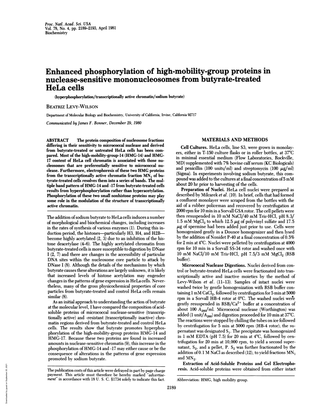 Enhanced Phosphorylation of High-Mobility-Group Proteins In