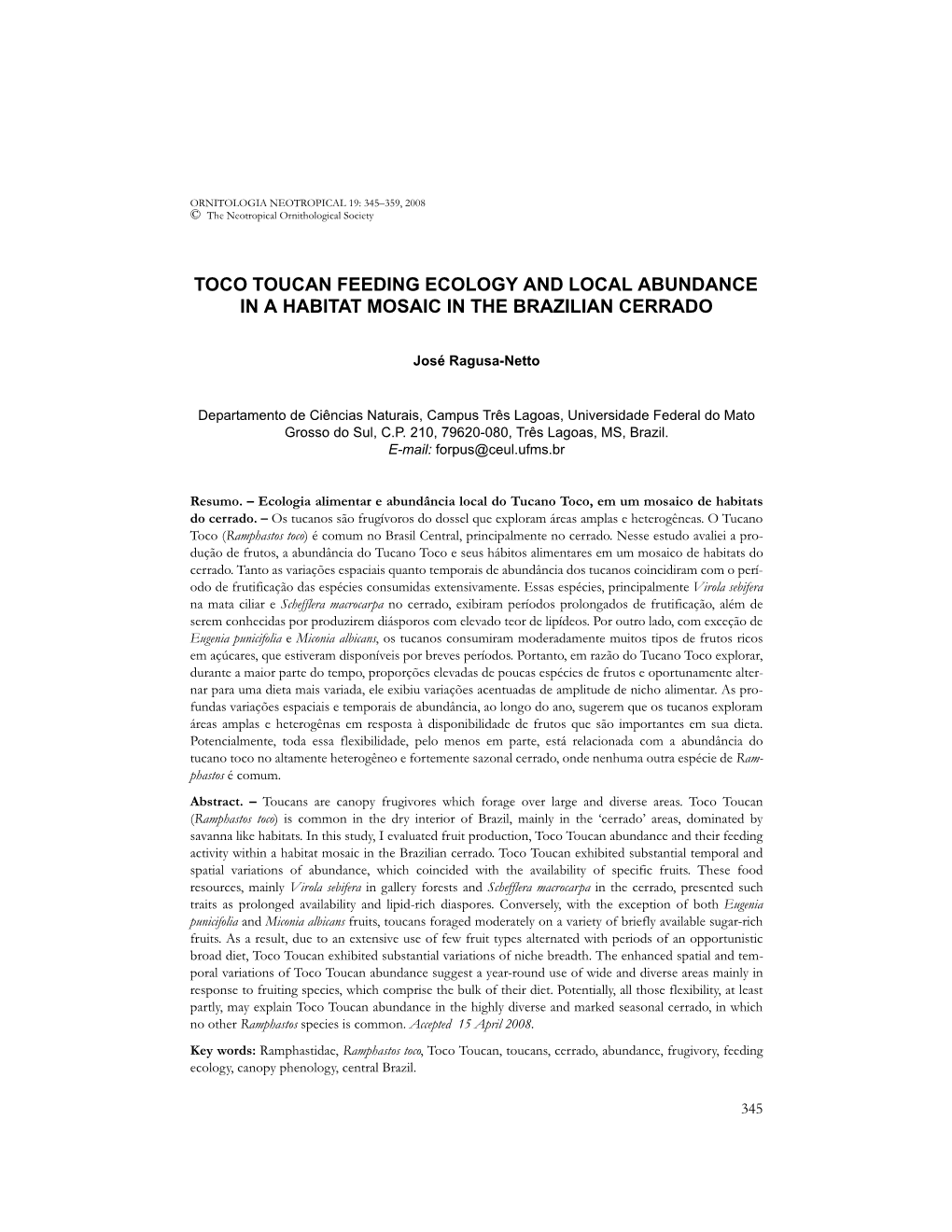 Toco Toucan Feeding Ecology and Local Abundance in a Habitat Mosaic in the Brazilian Cerrado