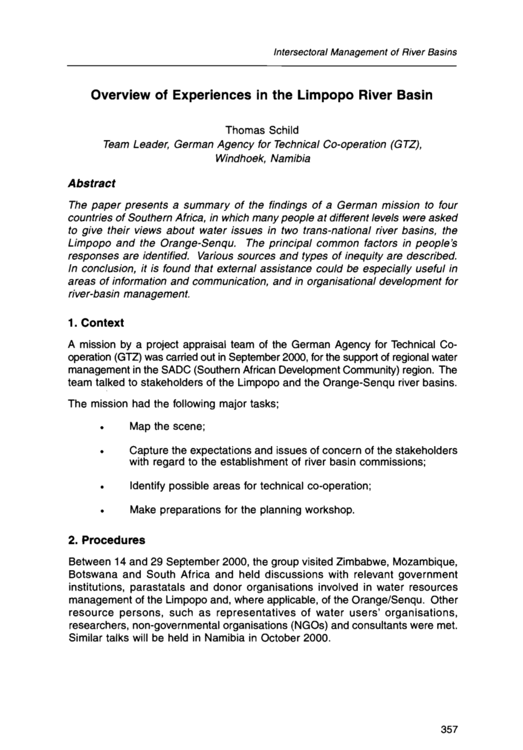 Overview of Experiences in the Limpopo River Basin