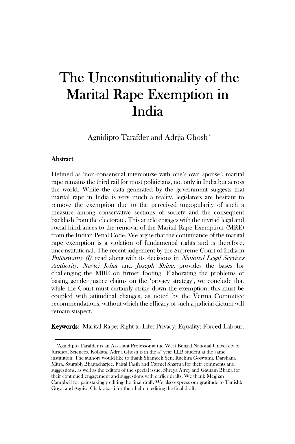 The Unconstitutionality of the Marital Rape Exemption in India