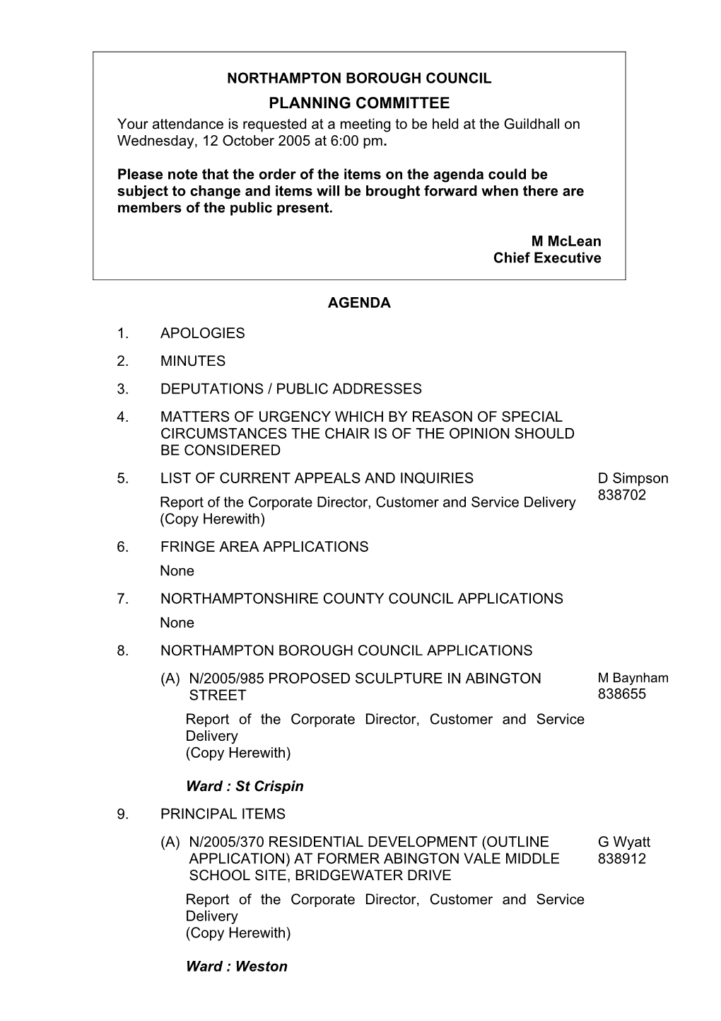 PLANNING COMMITTEE Your Attendance Is Requested at a Meeting to Be Held at the Guildhall on Wednesday, 12 October 2005 at 6:00 Pm