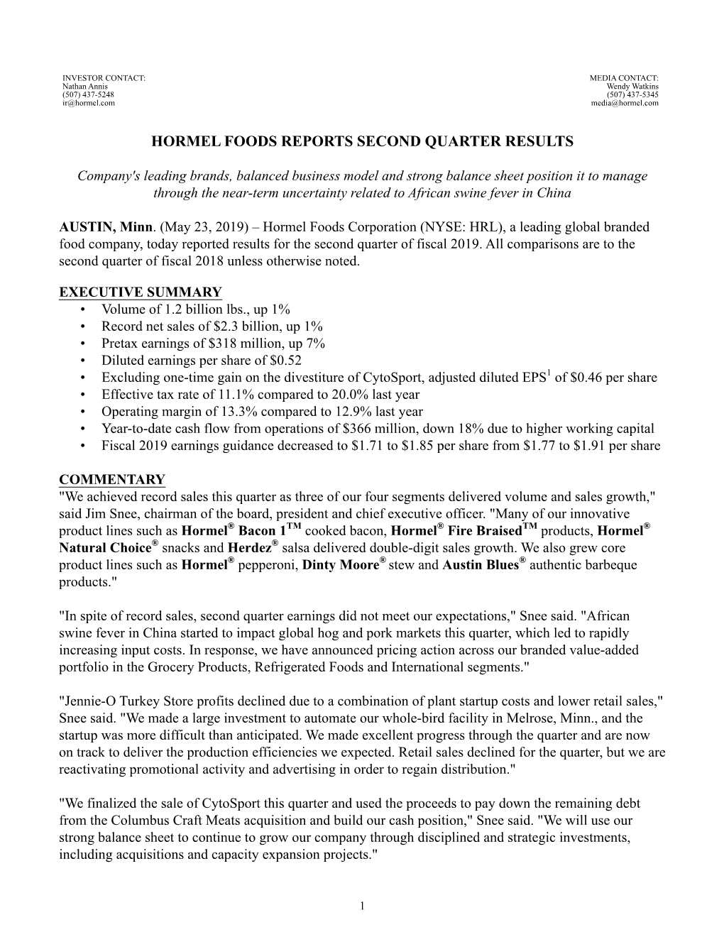 Hormel Earnings Release Q2 2019