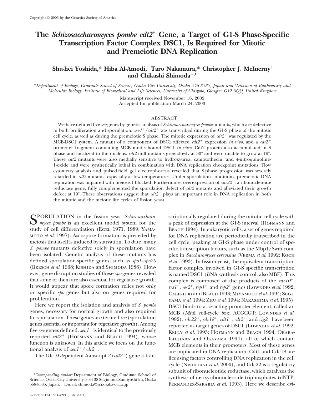 The Schizosaccharomyces Pombe Cdt2 Gene, a Target of G1-S Phase-Specific Transcription Factor Complex DSC1, Is Required for Mito