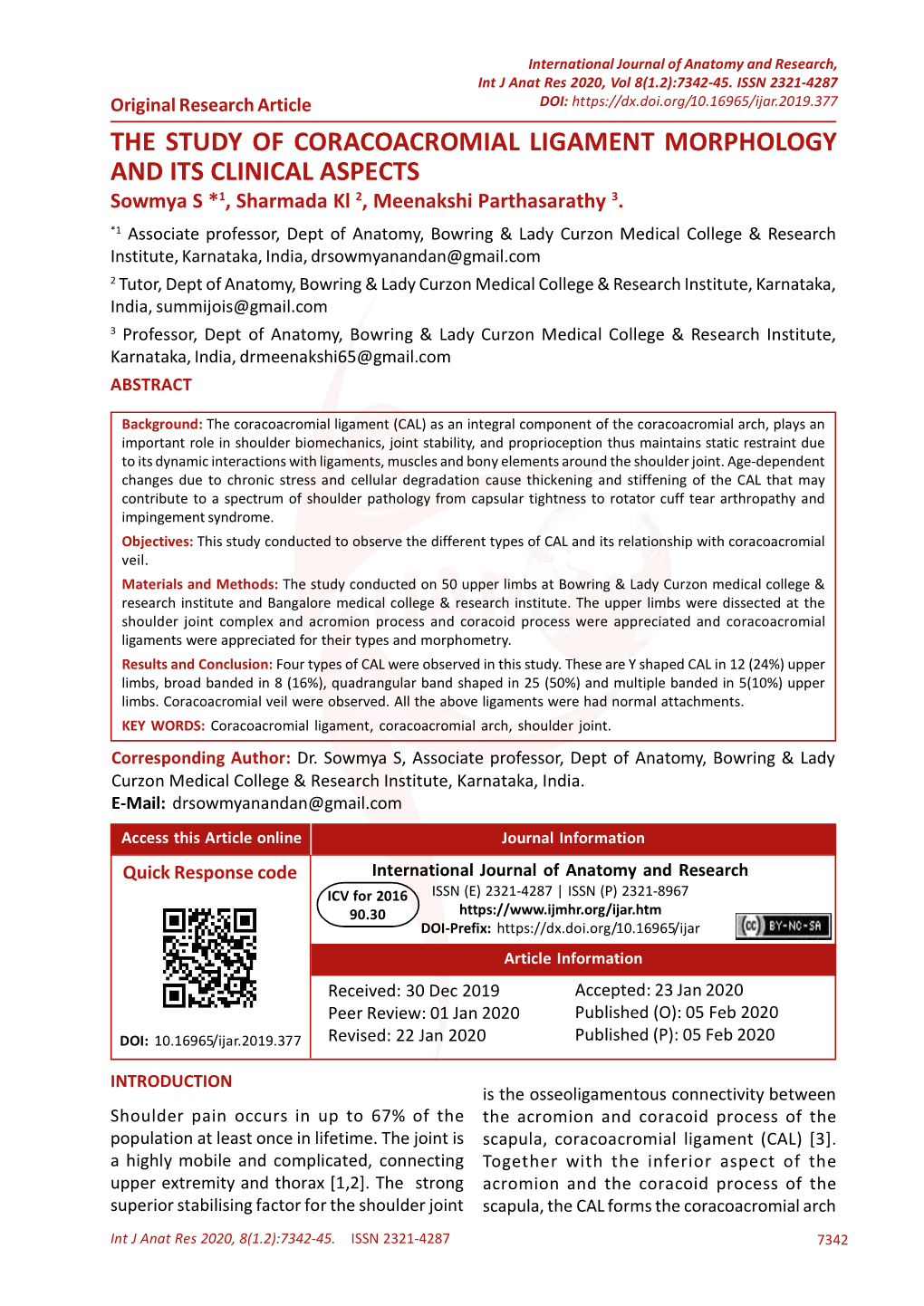 THE STUDY of CORACOACROMIAL LIGAMENT MORPHOLOGY and ITS CLINICAL ASPECTS Sowmya S *1, Sharmada Kl 2, Meenakshi Parthasarathy 3