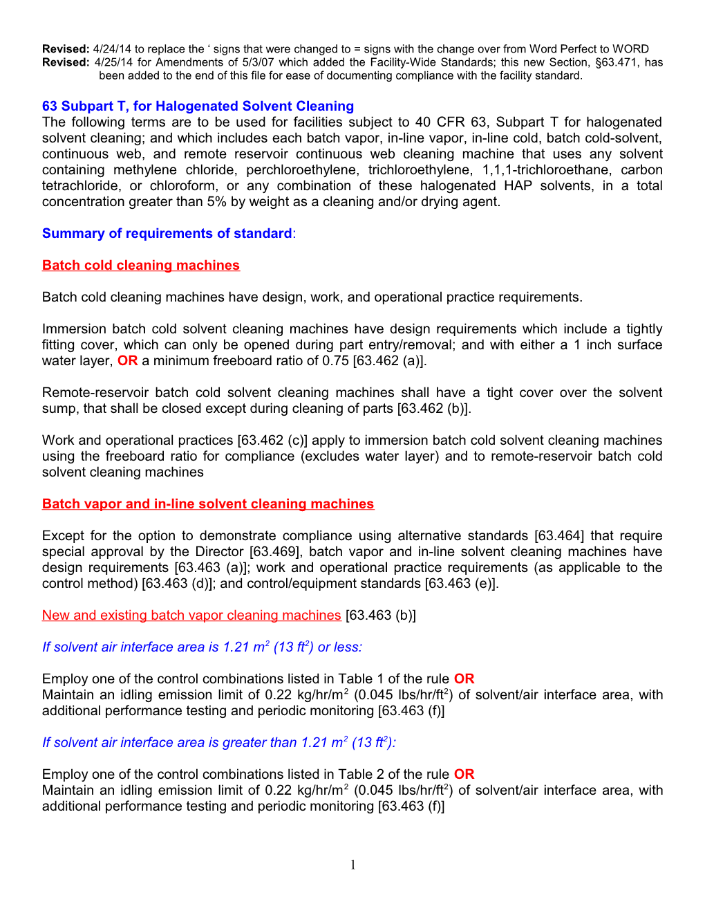 63 Subpart T, for Halogenated Solvent Cleaning