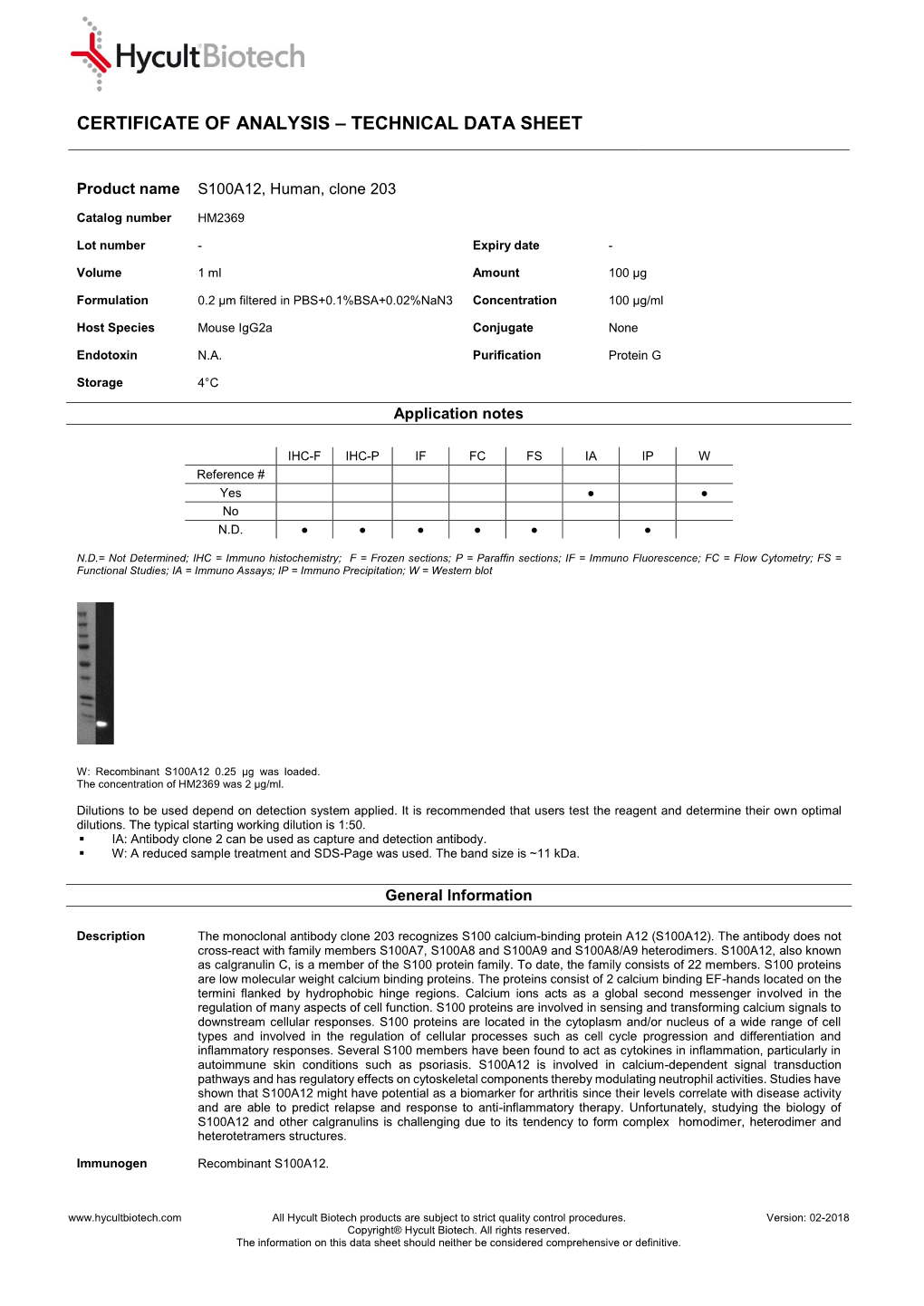 Certificate of Analysis – Technical Data Sheet