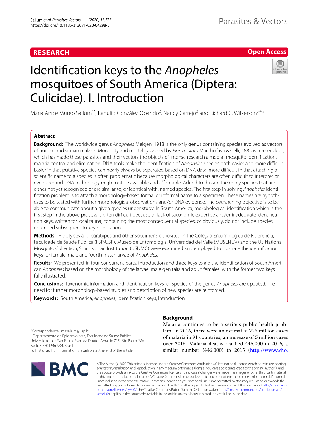 Identification Keys to the Anopheles Mosquitoes of South America