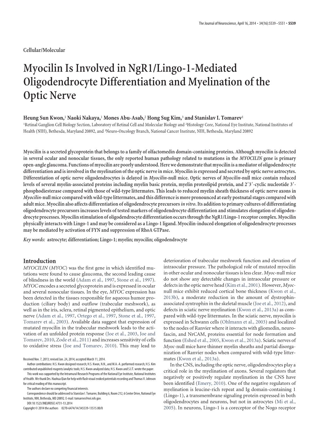 Myocilin Is Involved in Ngr1/Lingo-1-Mediated Oligodendrocyte Differentiation and Myelination of the Optic Nerve