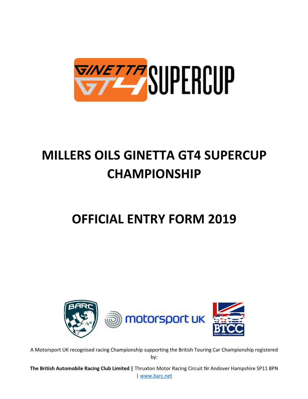 Ginetta GT4 Supercup Entry Form 2019