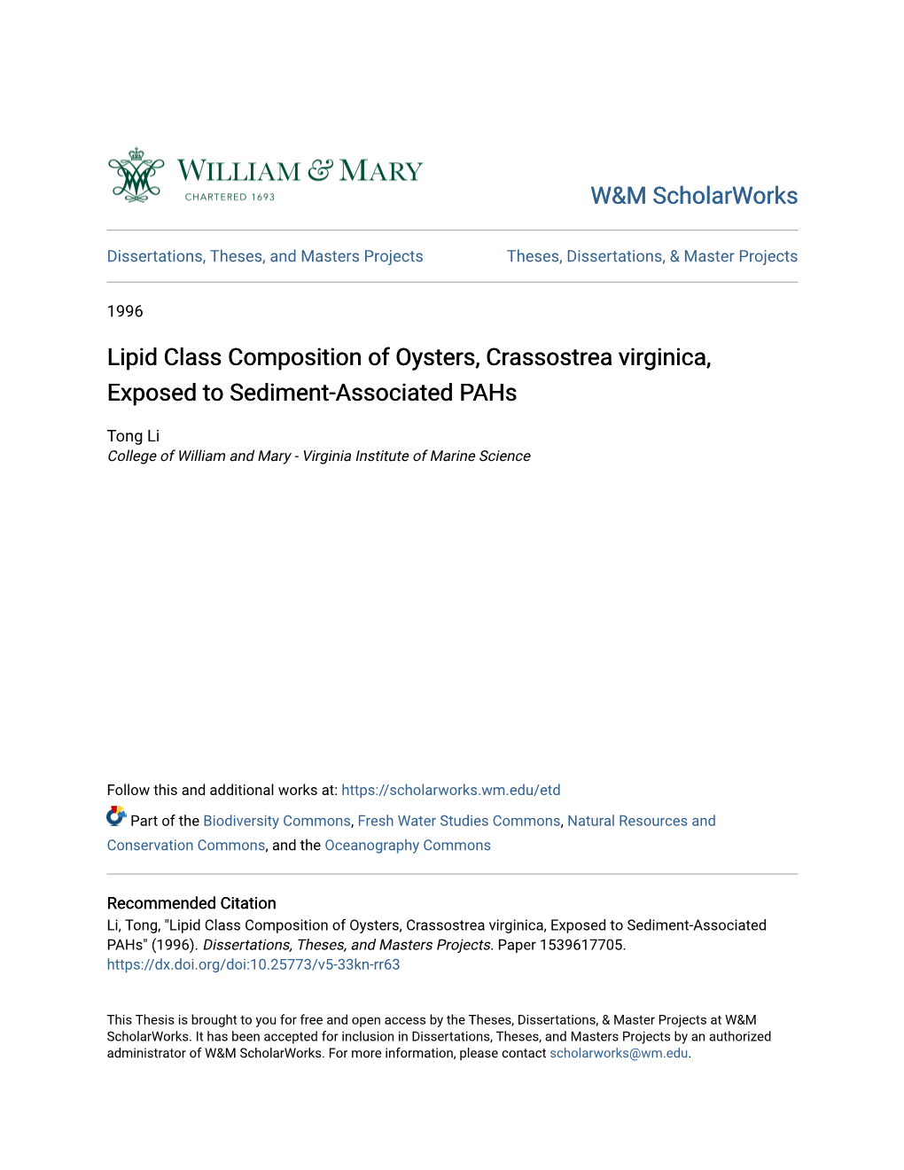 Lipid Class Composition of Oysters, Crassostrea Virginica, Exposed to Sediment-Associated Pahs